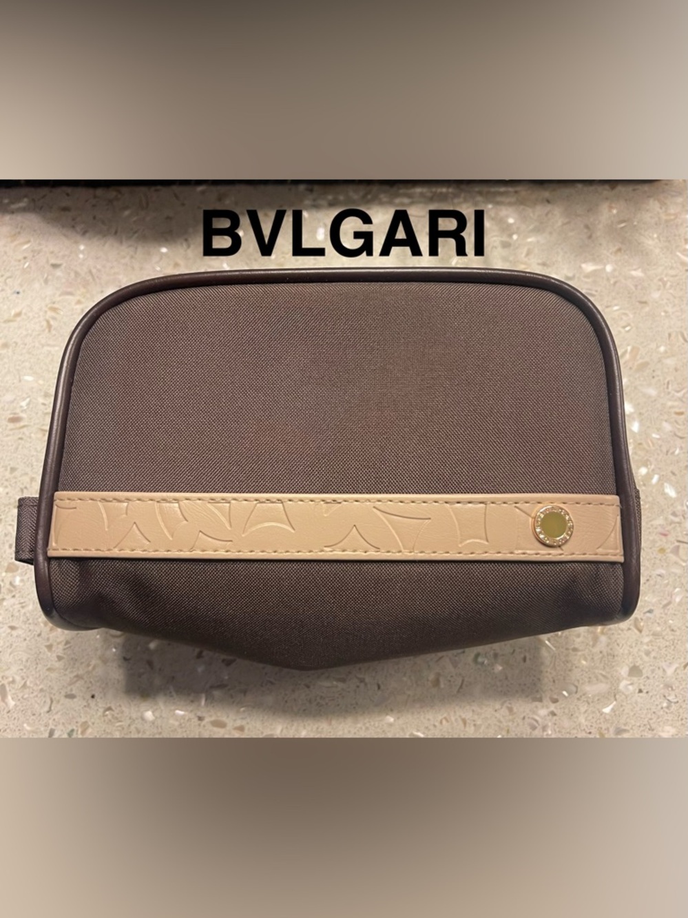 Bulgari Beige Exterior with Green Branded Interior Cosmetic Pouch